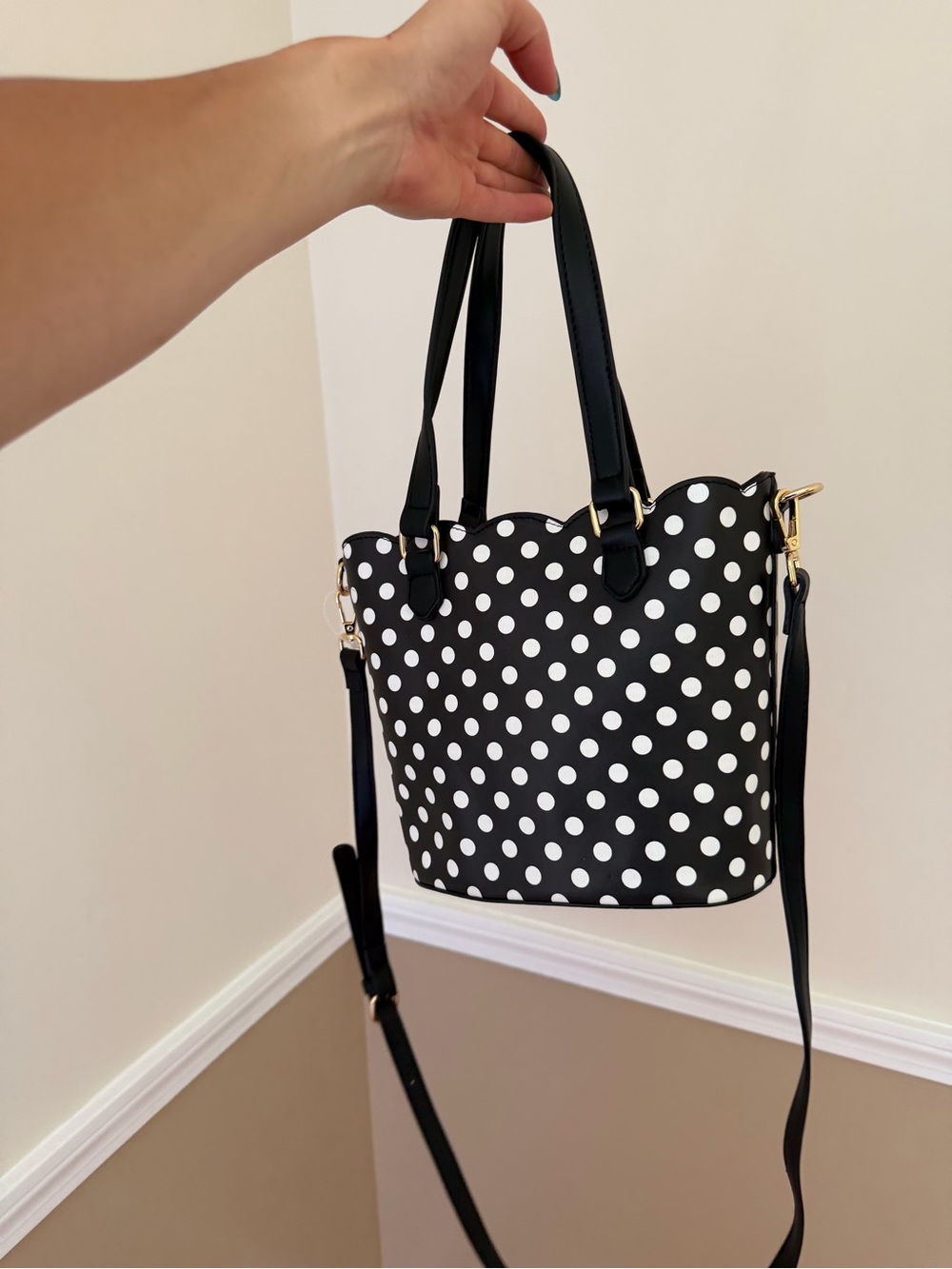 Polka Dot Black Crossbody Tote with Red Pom Charm Betsy Johnson - Picture 4 of 7